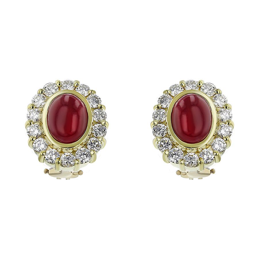Cabochon Ruby Diamond Halo Earrings with Clip Backs