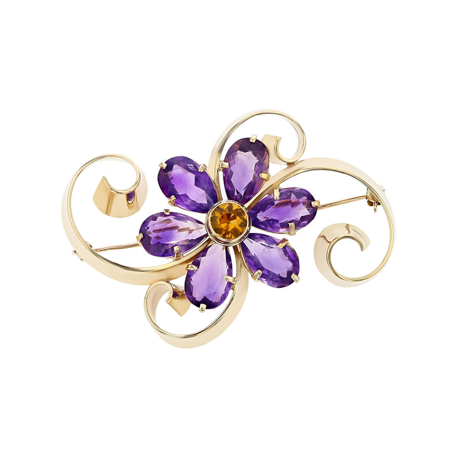 14K Yellow Gold Amethyst and Citrine Flower Pin