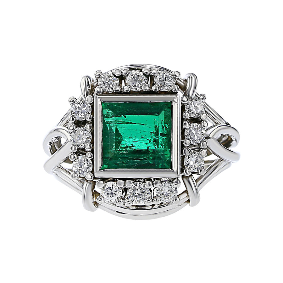 18K White Gold Square Emerald and Diamond Ring