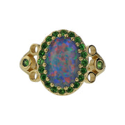 18K Gold Cabochon Black Opal and Tsavorite Halo Ring