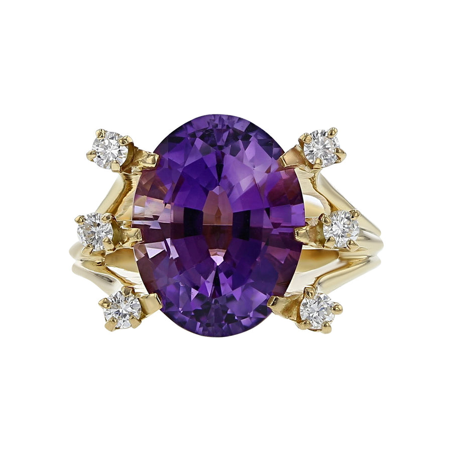 14K Yellow Gold Amethyst and Diamond Ring