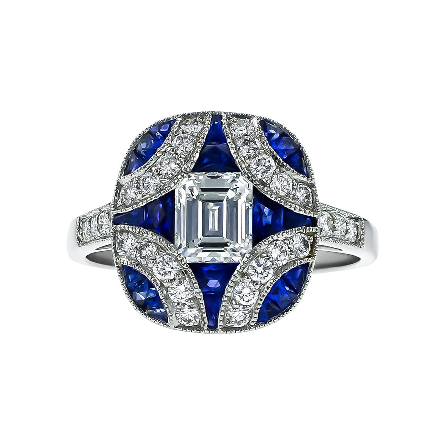 Platinum Old Mine Cut Diamond and Sapphire Ring