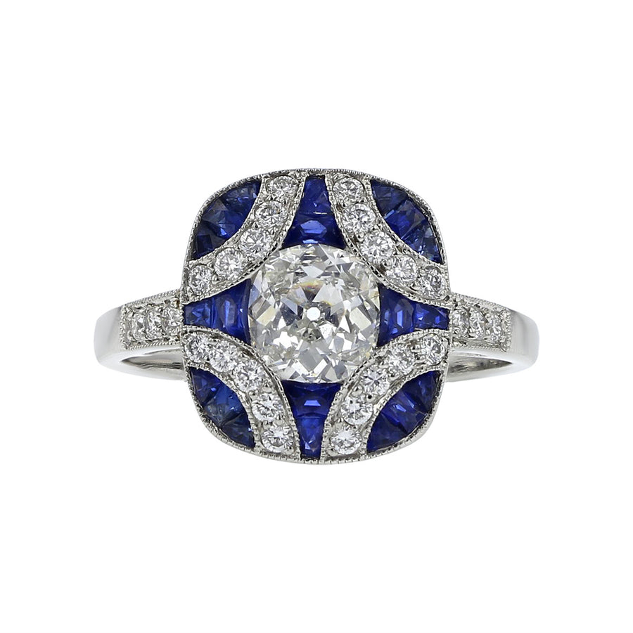 Platinum Emerald-cut Diamond and Sapphire Ring
