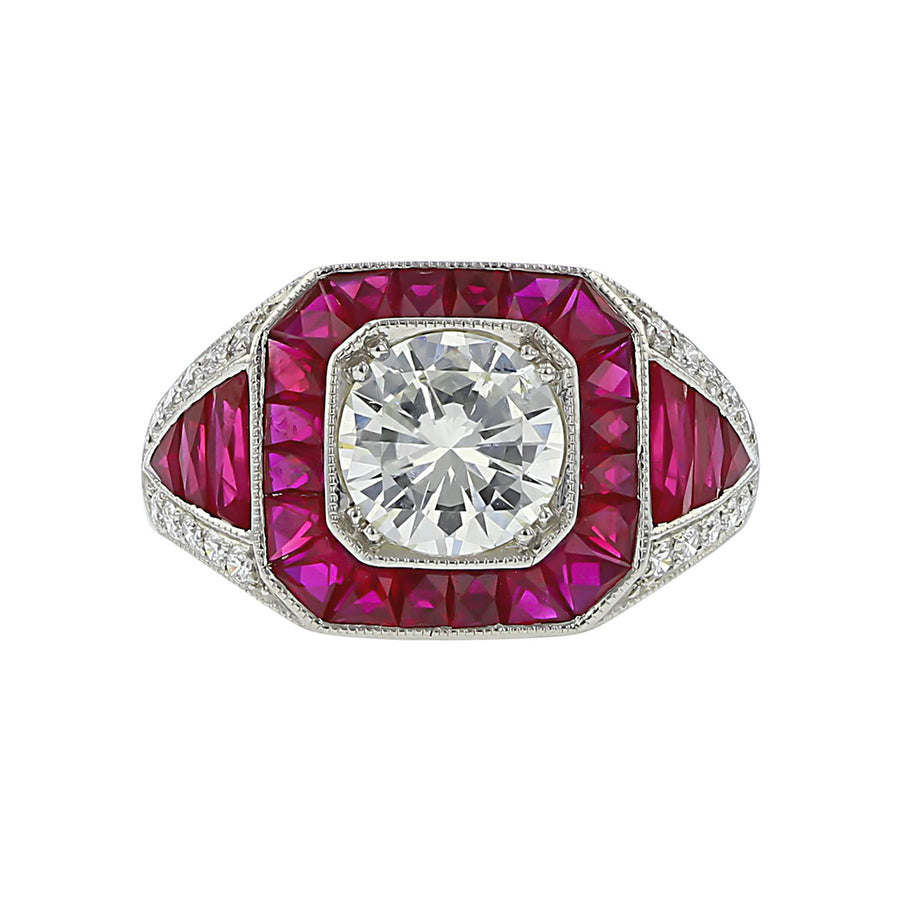 Platinum Round Diamond and Ruby Halo Ring