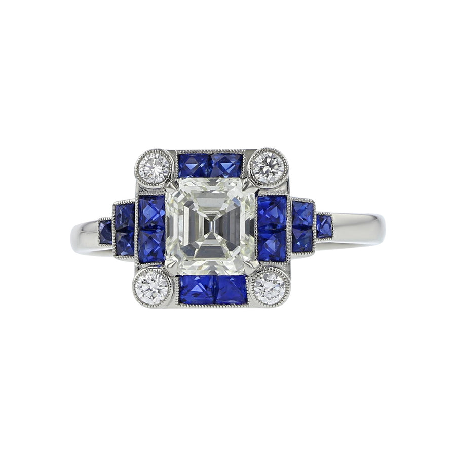 Platinum Asscher Diamond and Sapphire Halo Ring