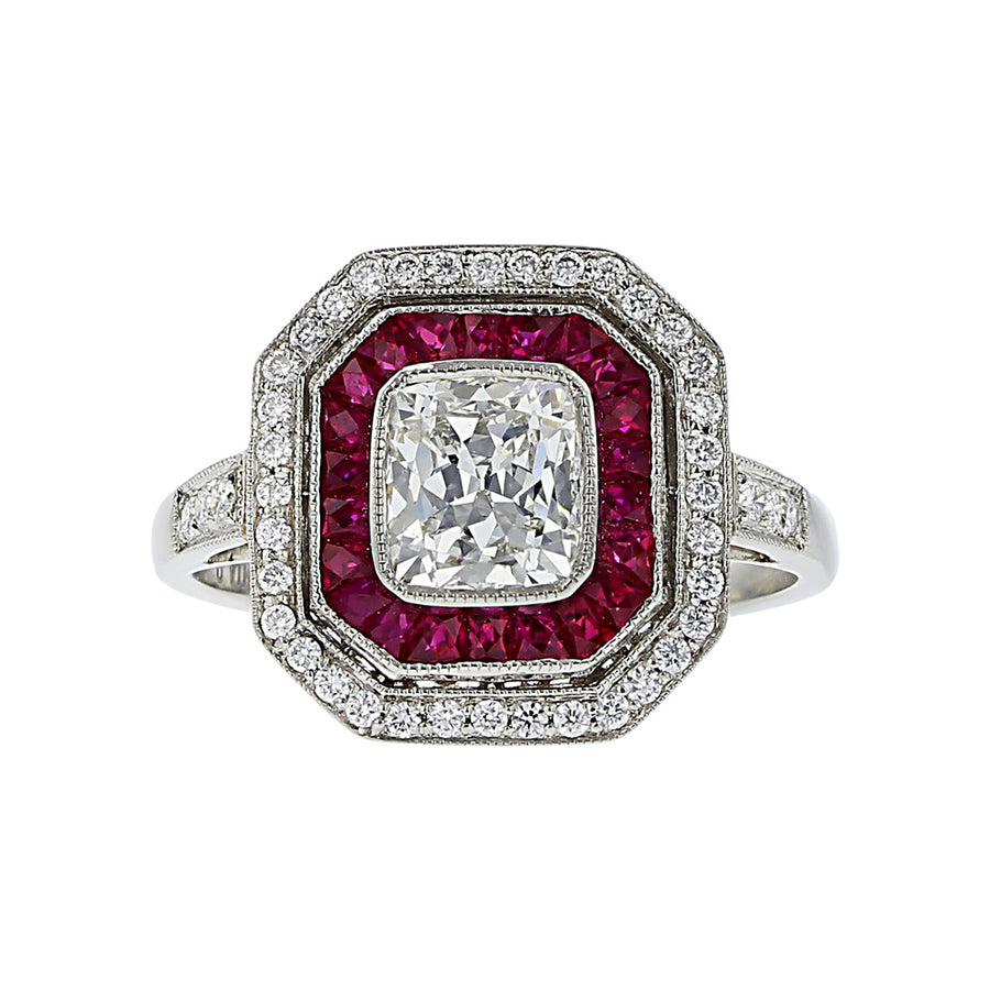 Platinum Emerald-cut Diamond and Ruby Halo Ring