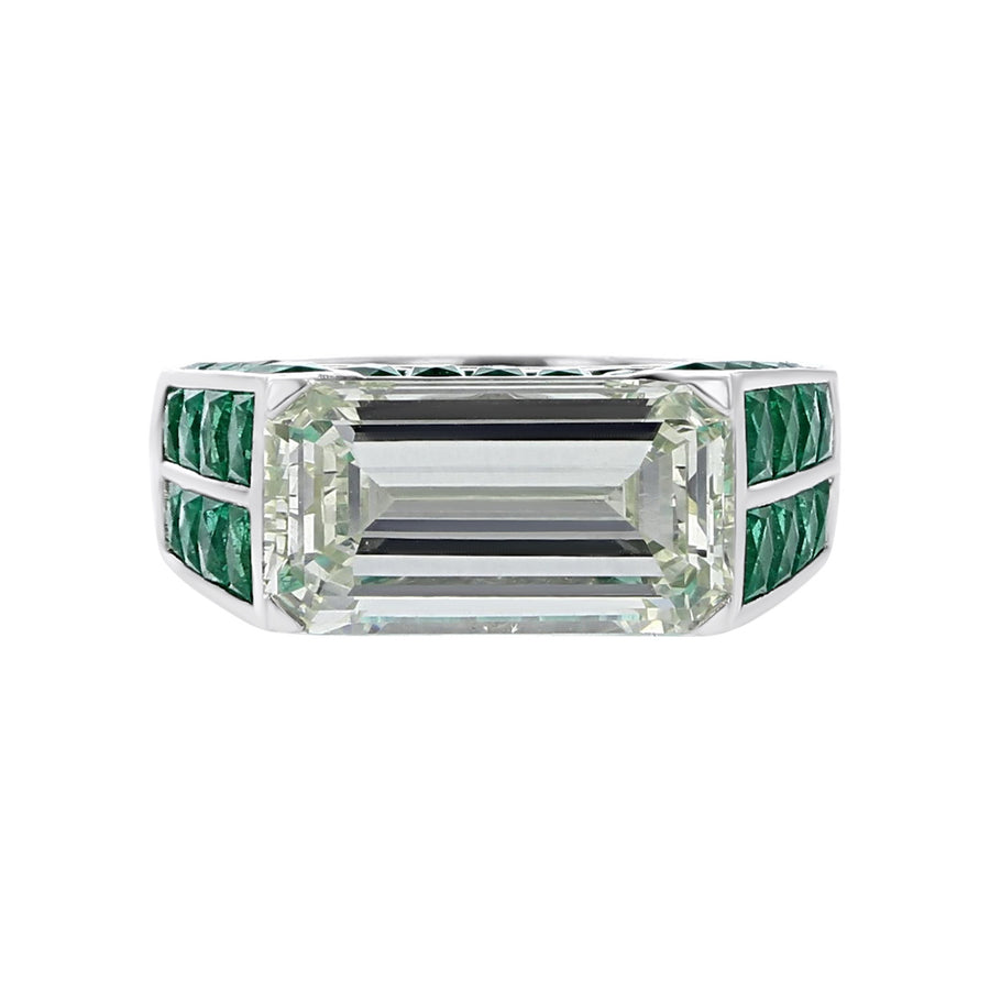 Platinum Emerald-cut Diamond and Emerald Ring