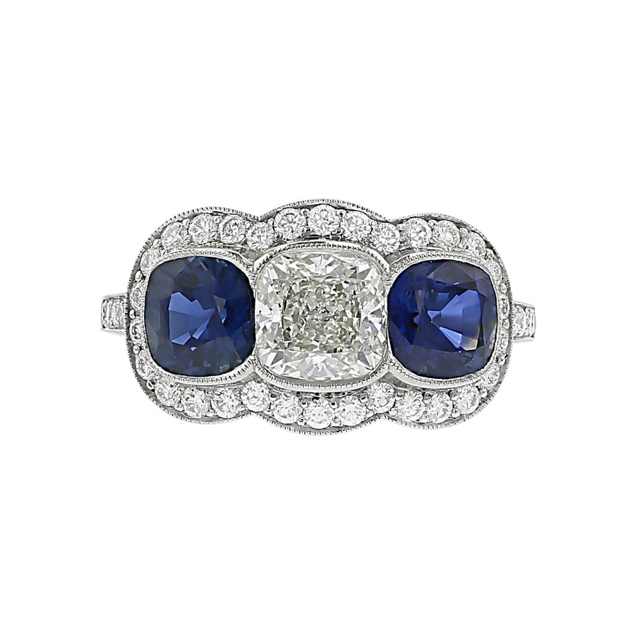 Platinum Cushion Diamond and Sapphire Halo Ring