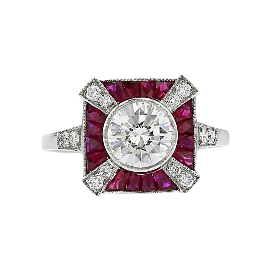 Platinum Round Brilliant Diamond and Ruby Ring