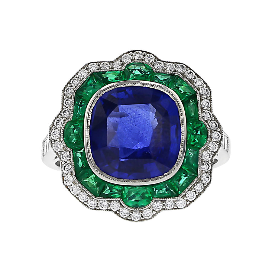 Platinum Sapphire, Emerald and Diamond Halo Ring
