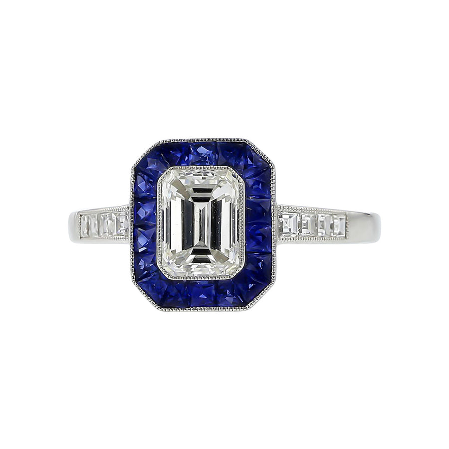 Platinum Emerald-cut Diamond and Sapphire Halo Ring