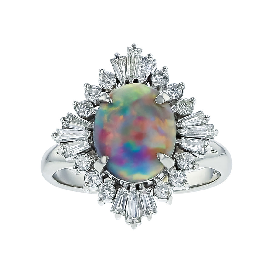 Platinum Black Opal and Diamond Halo Ring