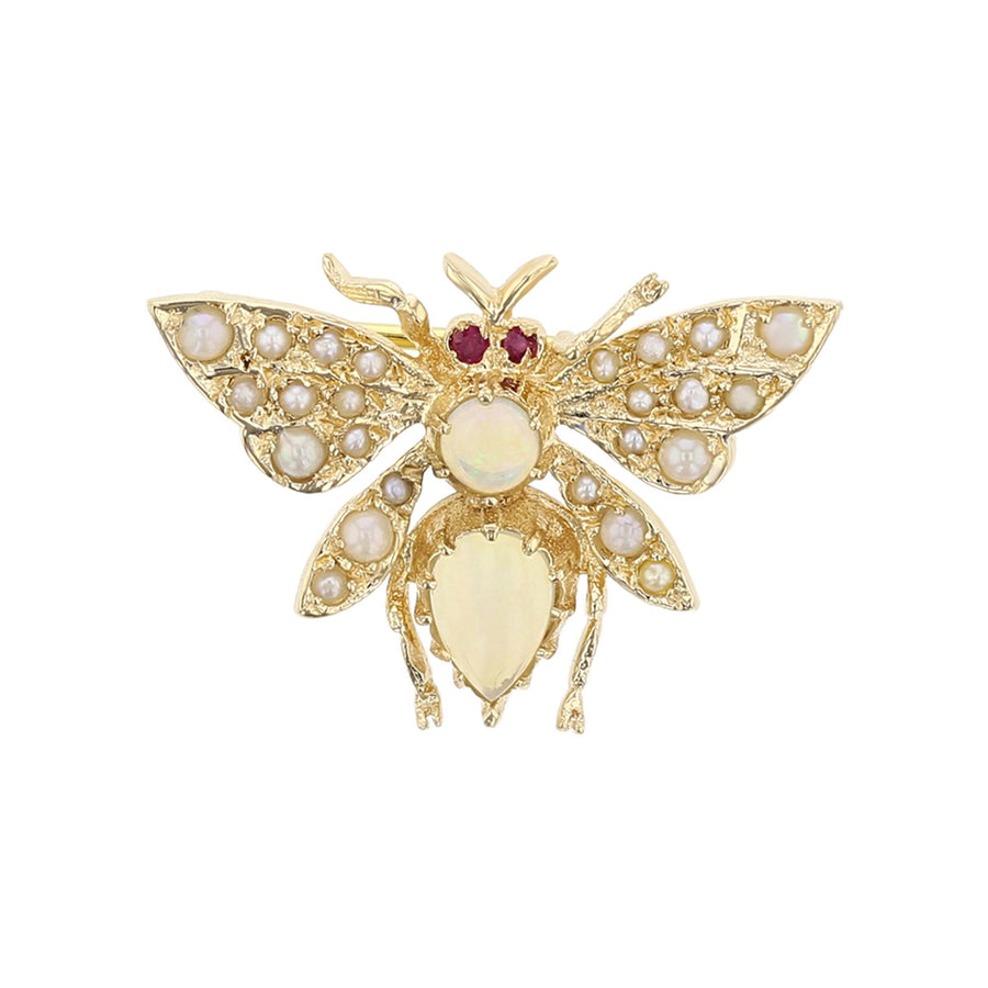 14K Yellow Gold Opal, Ruby and Pearl Butterfly Pin