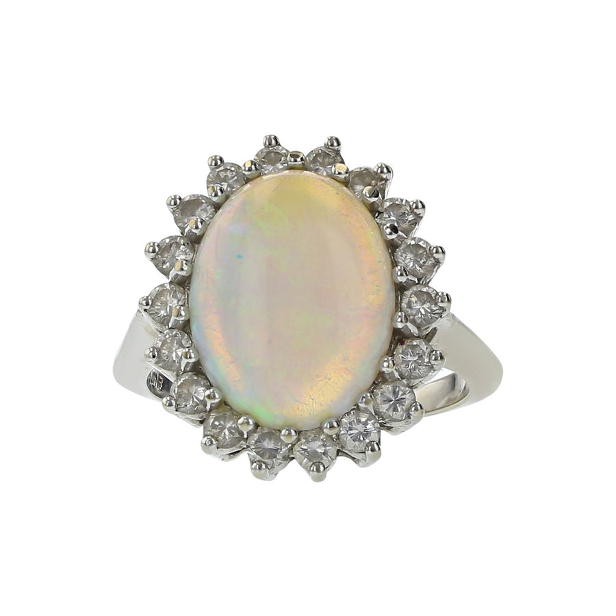 14K White Gold Opal and Diamond Halo Ring