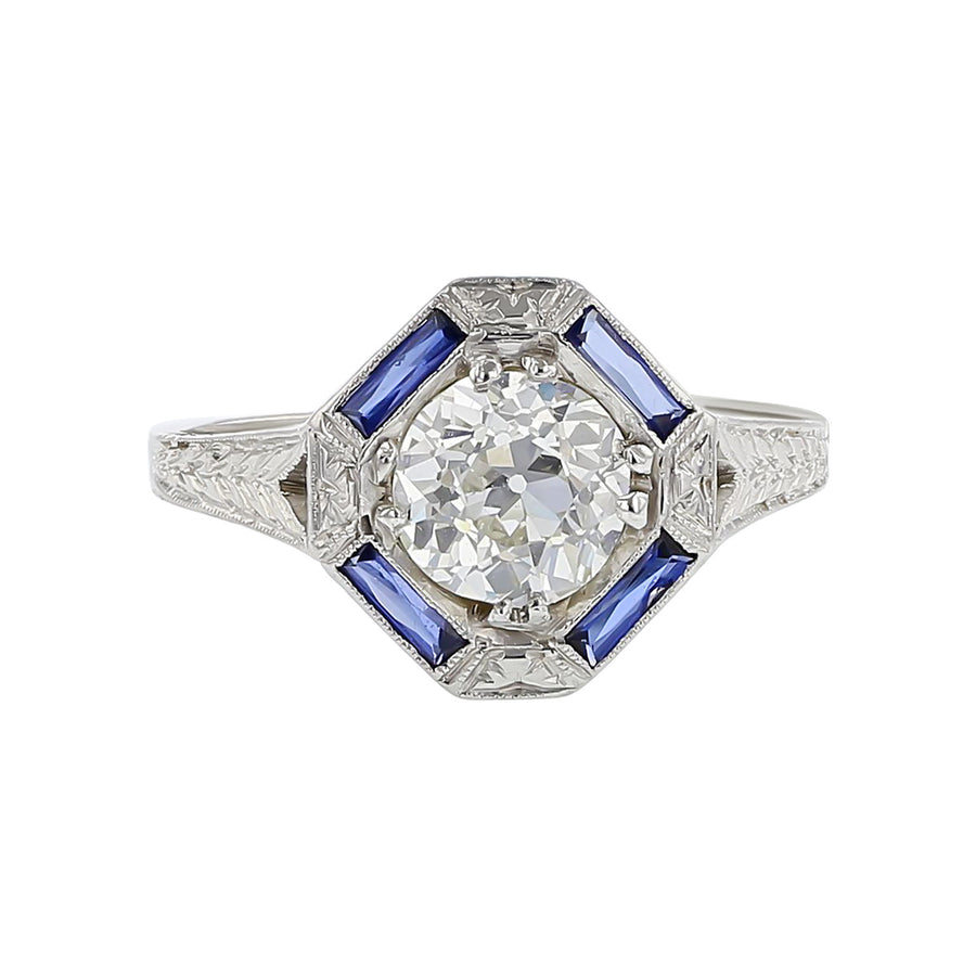 Art Deco Old European-cut Diamond and Sapphire Ring