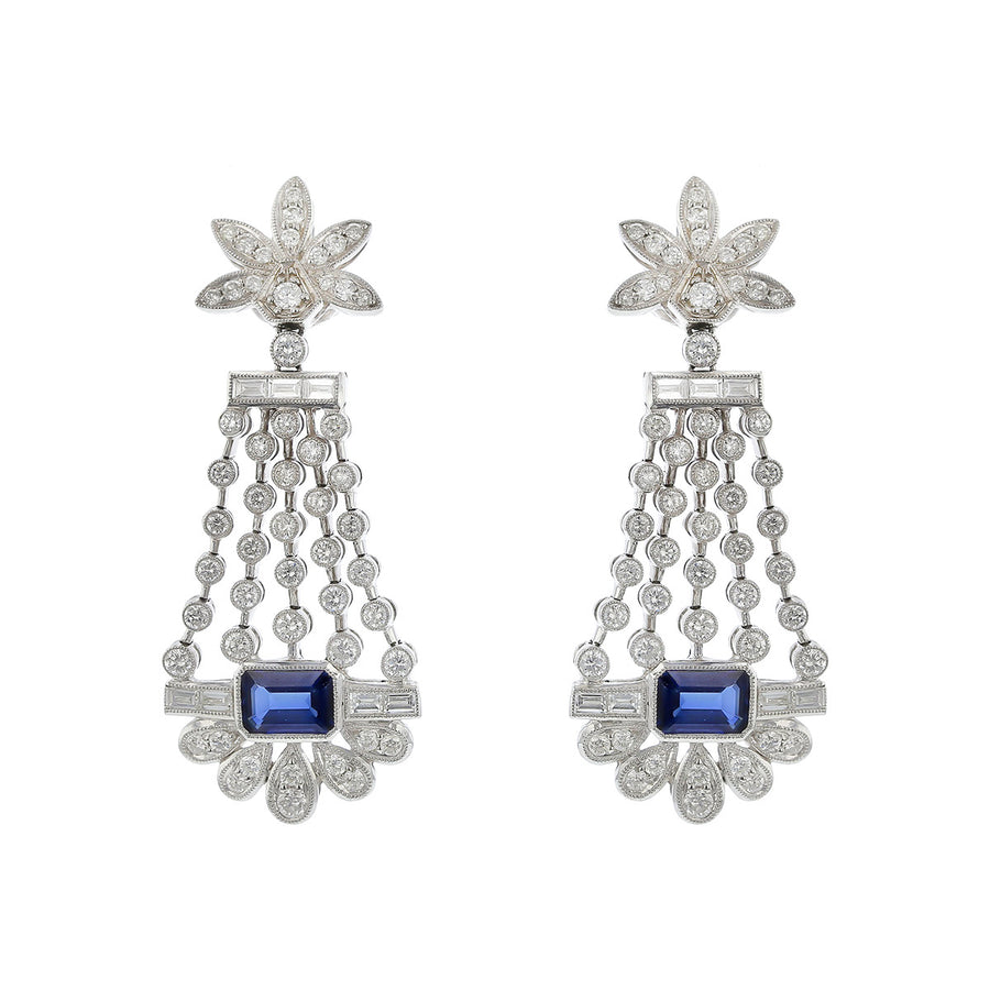 Platinum Diamond and Emerald-cut Sapphire Drop Earrings