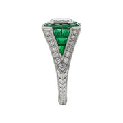Platinum Emerald-cut Diamond and Emerald Halo Ring