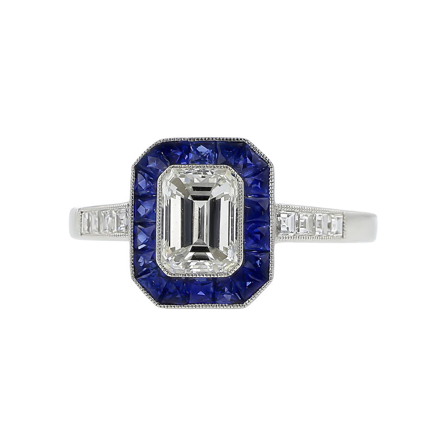 Emerald-cut Diamond and French-cut Sapphire Halo Ring