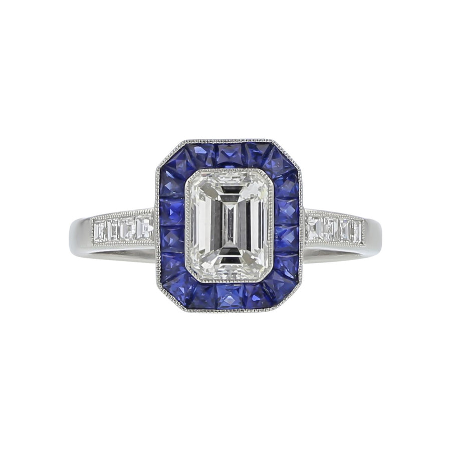 Platinum Emerald-cut Diamond and Sapphire Halo Ring