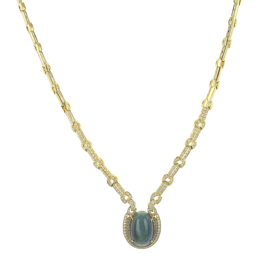 18K Gold Cat's Eye Tourmaline and Diamond Halo Necklace