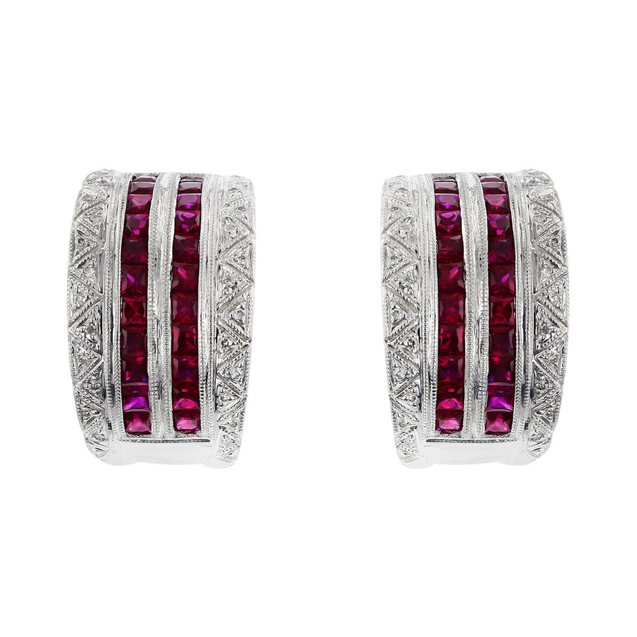 18K White Gold Ruby and Diamond 4 Row Earrings