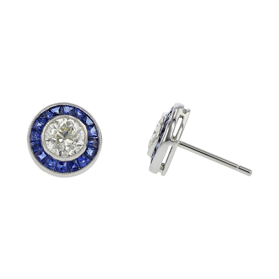 Platinum Diamond and Sapphire Halo Stud Earrings