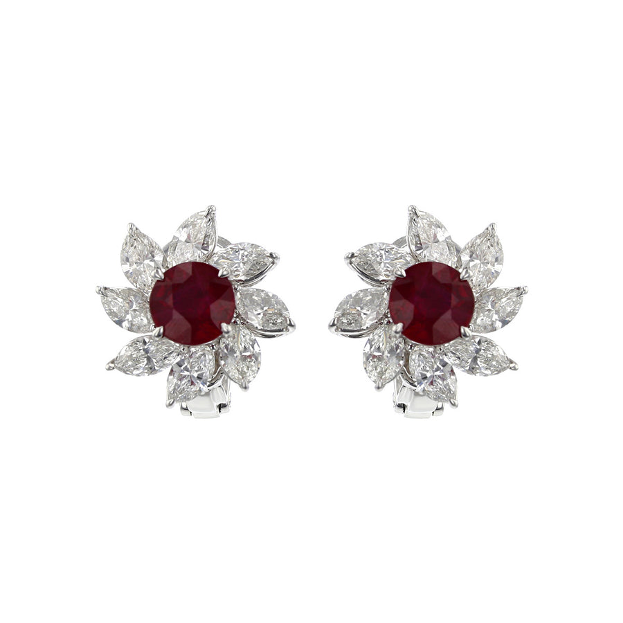 Platinum Ruby and Marquise Diamond Halo Stud Earrings