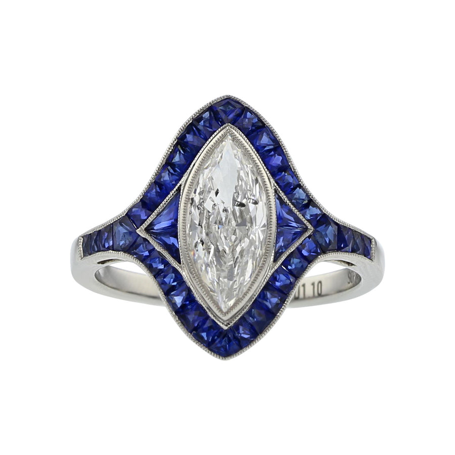 Platinum Marquise Diamond and Sapphire Ring