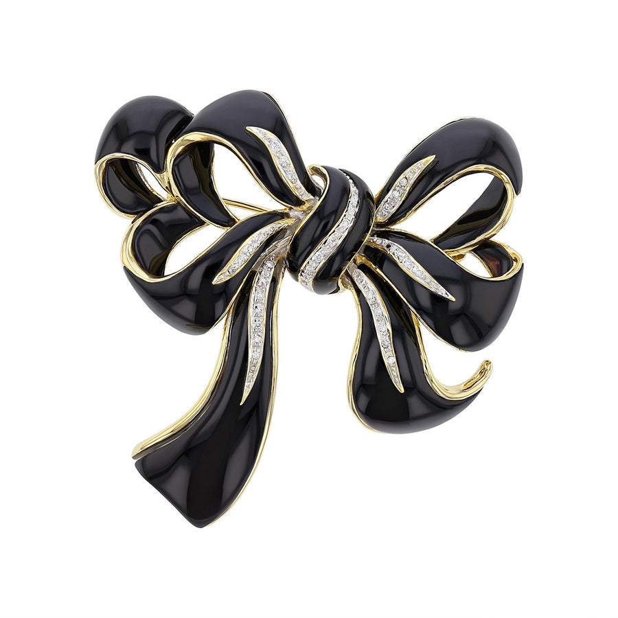 18K Yellow Gold Black Onyx and Diamond Bow Pin