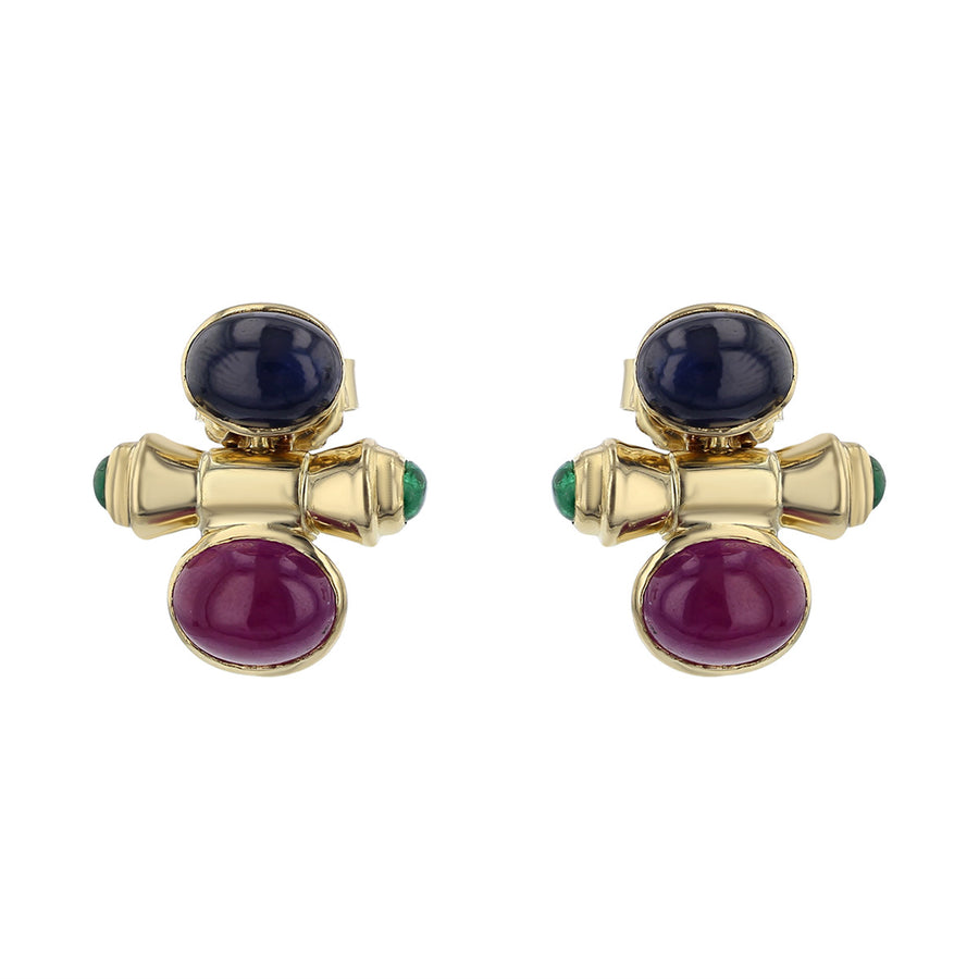 Cabochon Sapphire, Ruby and Emerald Earrings