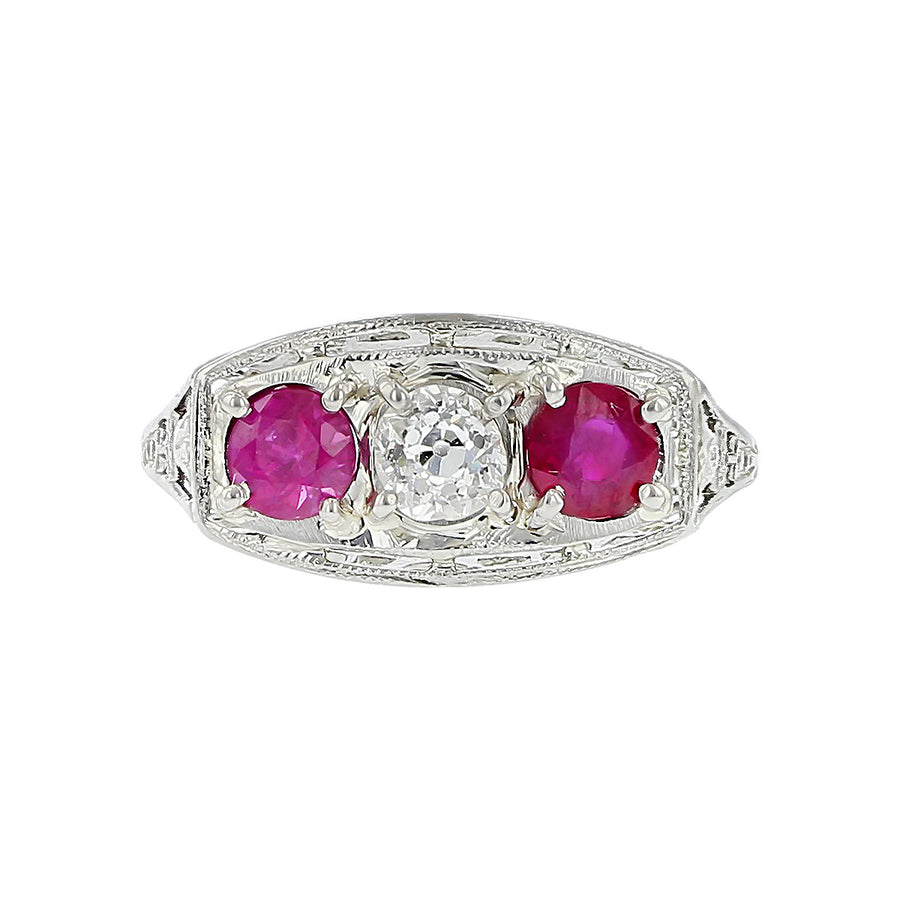 Art Deco 14K Gold Diamond and Ruby 3-Stone Ring