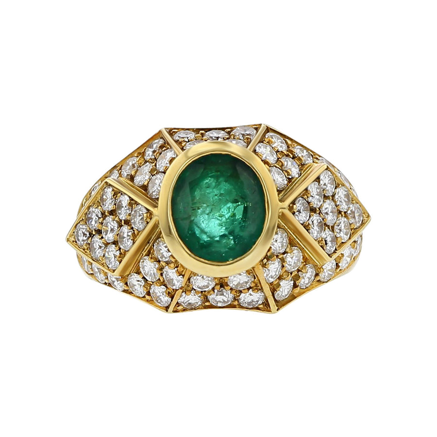 18K Yellow Gold Italian Emerald and Diamond Ring