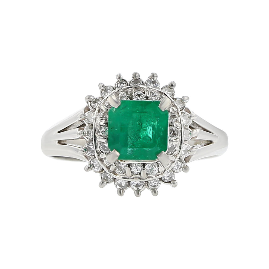 Platinum Square Emerald and Diamond Halo Ring