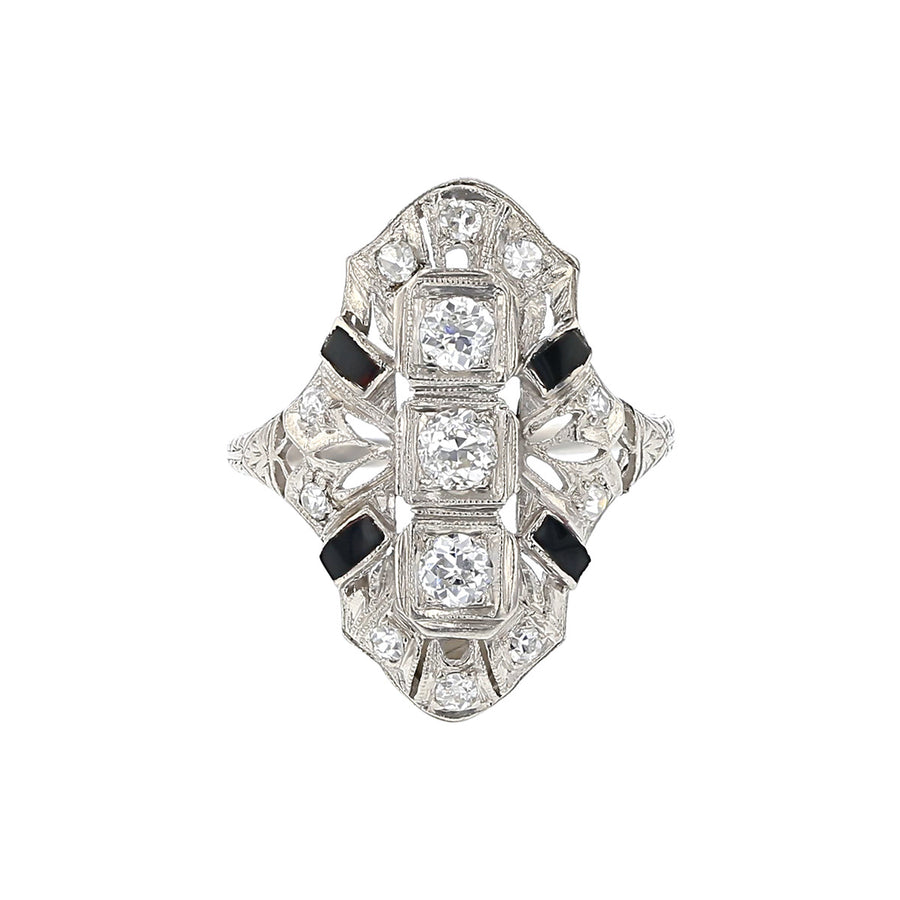 Art Deco Platinum European-cut Diamond and Onyx Ring