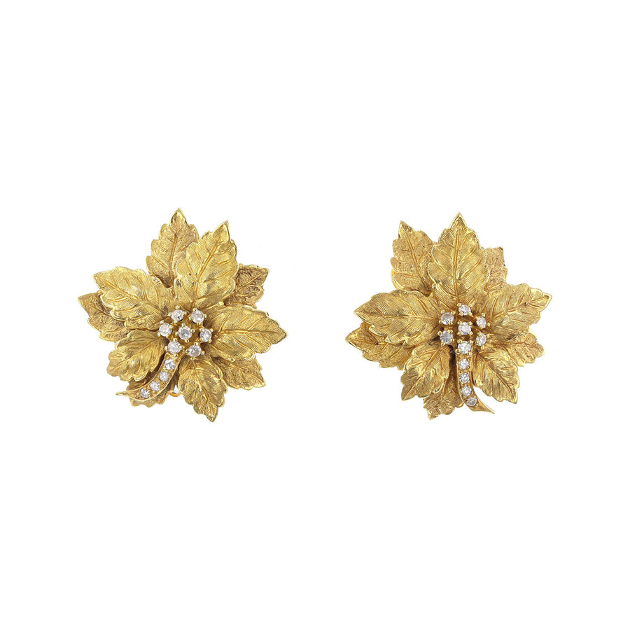 Mid-Century 14K Gold Diamond Leaf Clip-on Earrings