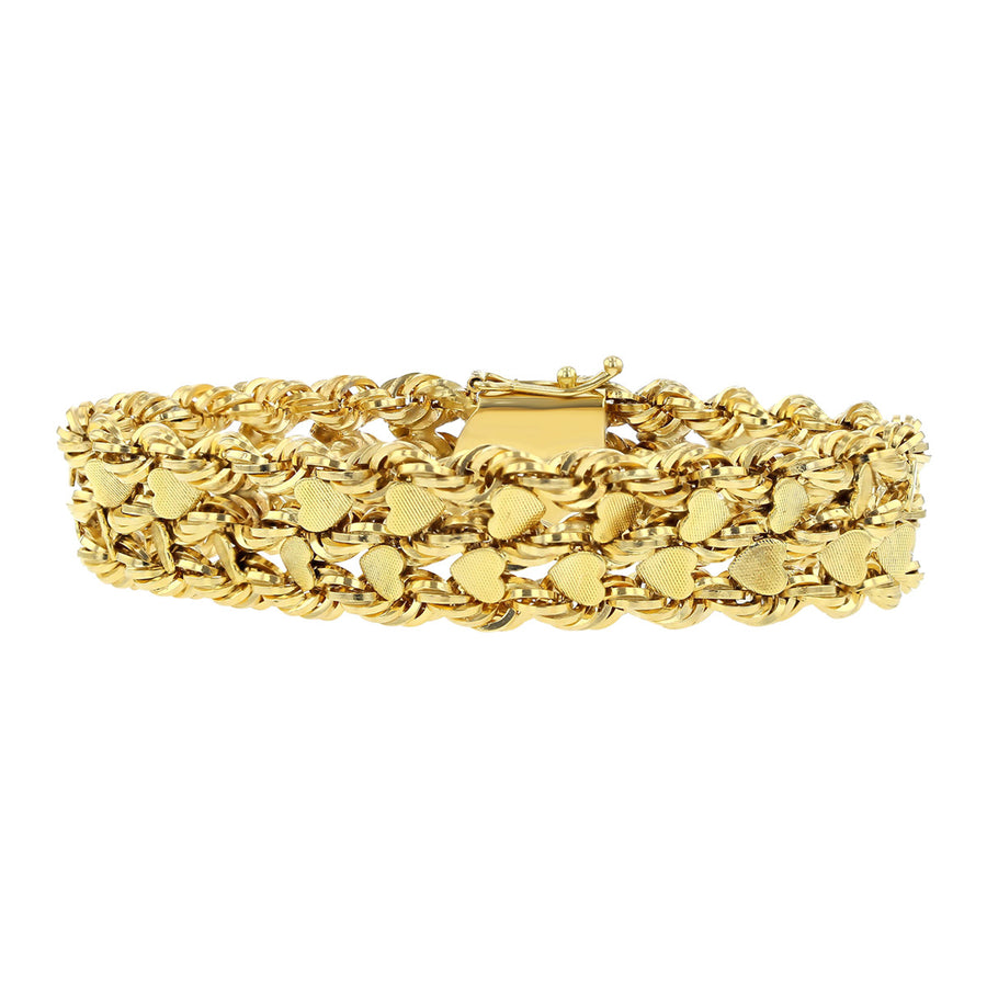 14K Yellow Gold Wide Rope and Heart Link Bracelet | Sylvan\'s Jewelers