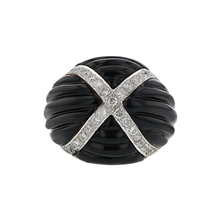 18K Yellow Gold Onyx and Diamond Large X Ring