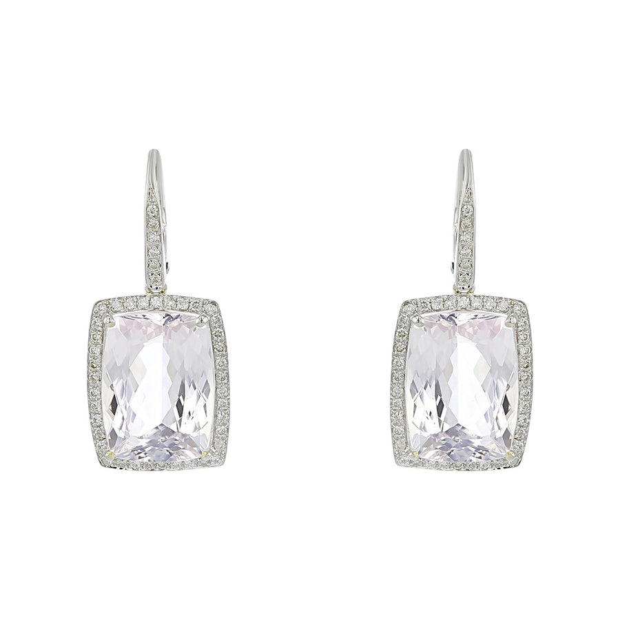 18K White Gold Kunzite and Diamond Halo Drop Earrings