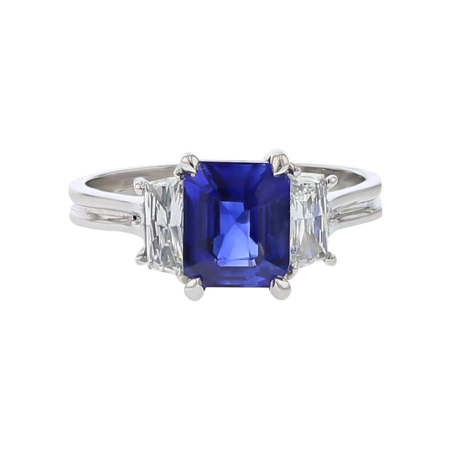 Platinum Emerald-cut Sapphire and Diamond 3-Stone Ring