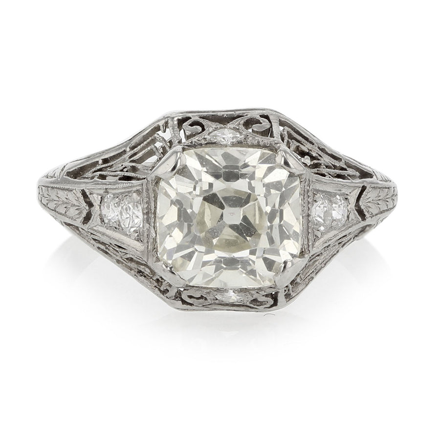 Art Deco Platinum Mine-Cut Diamond Filigree Ring