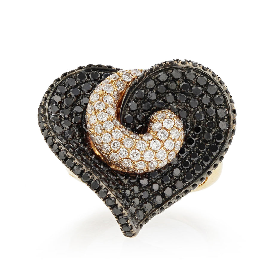 18K Rose Gold Black and White Diamond Heart Ring