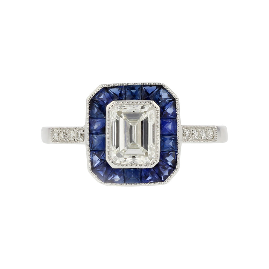 Emerald Cut Diamond and Sapphire Engagement Ring