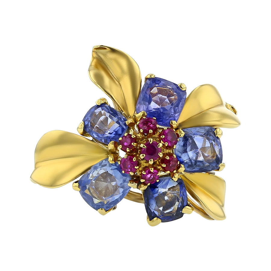 Retro Ceylon Sapphire and Ruby Flower Ring