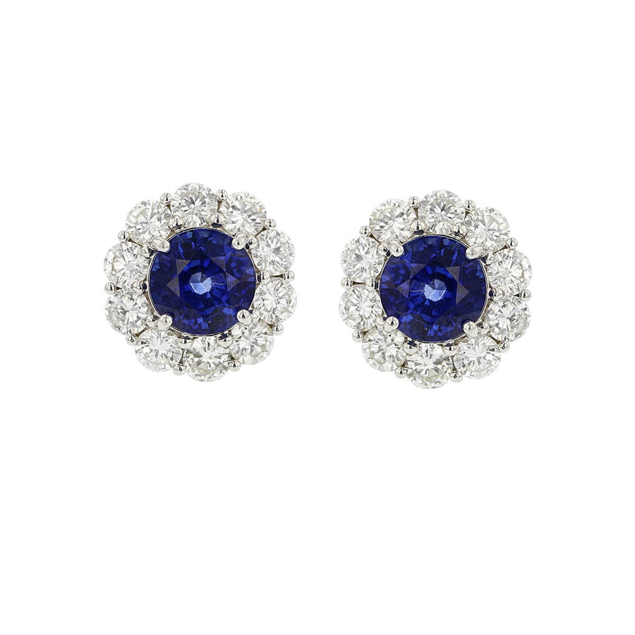 4.11 Carat Sapphire and Diamond Halo Stud Earrings