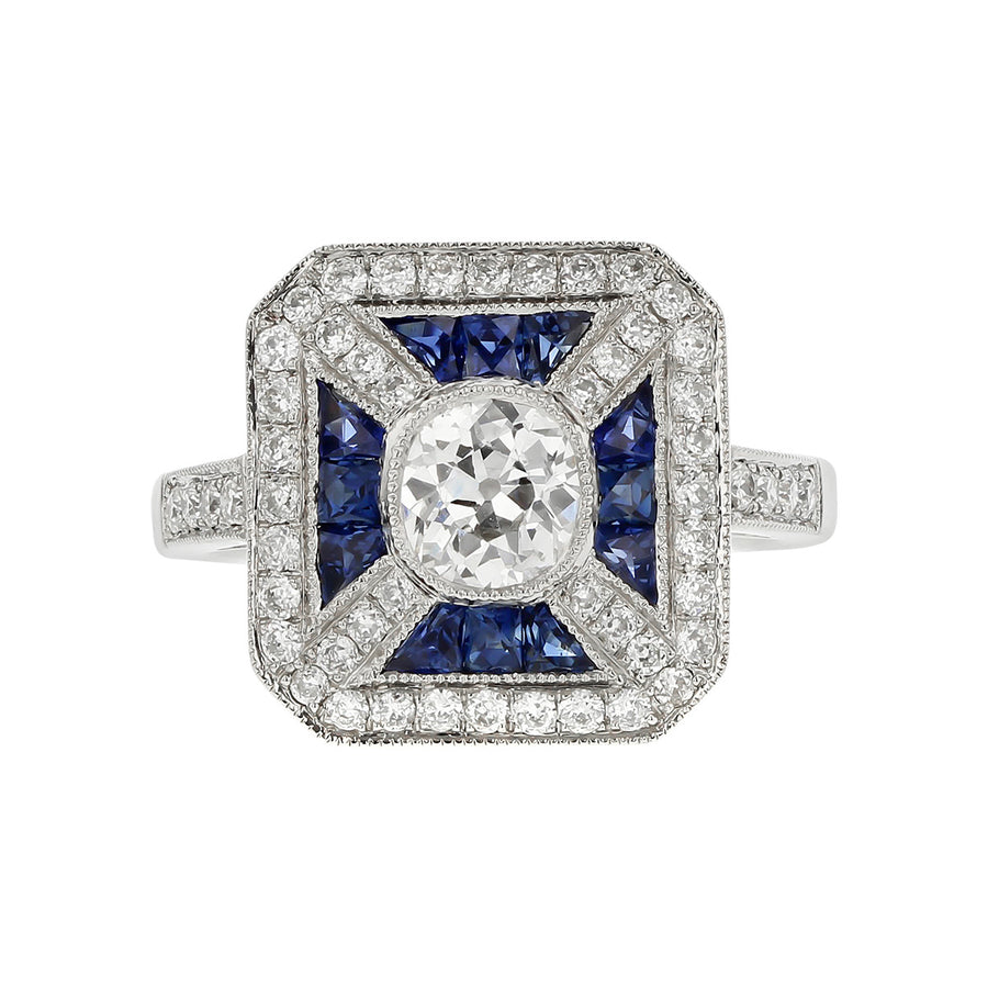 Art Deco Style Diamond Ring with Sapphire Accents