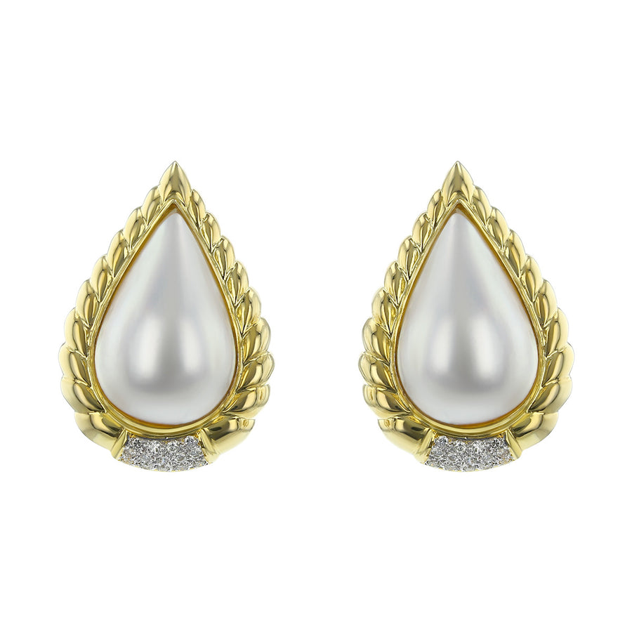 14K Yellow Gold Mabe Pearl and Diamond Earrings