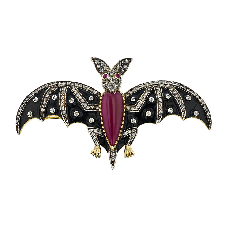 Pear-Shaped Ruby Enamel Bat Pin with Diamonds