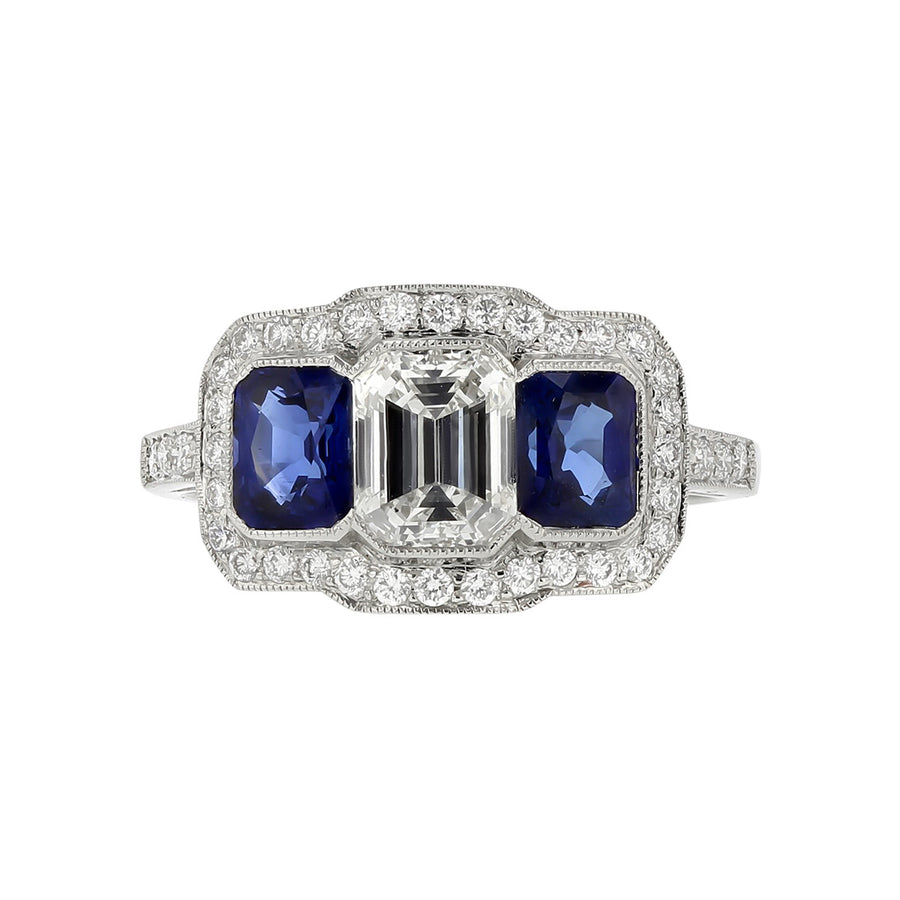 Emerald-Cut Diamond and Sapphire Platinum Ring