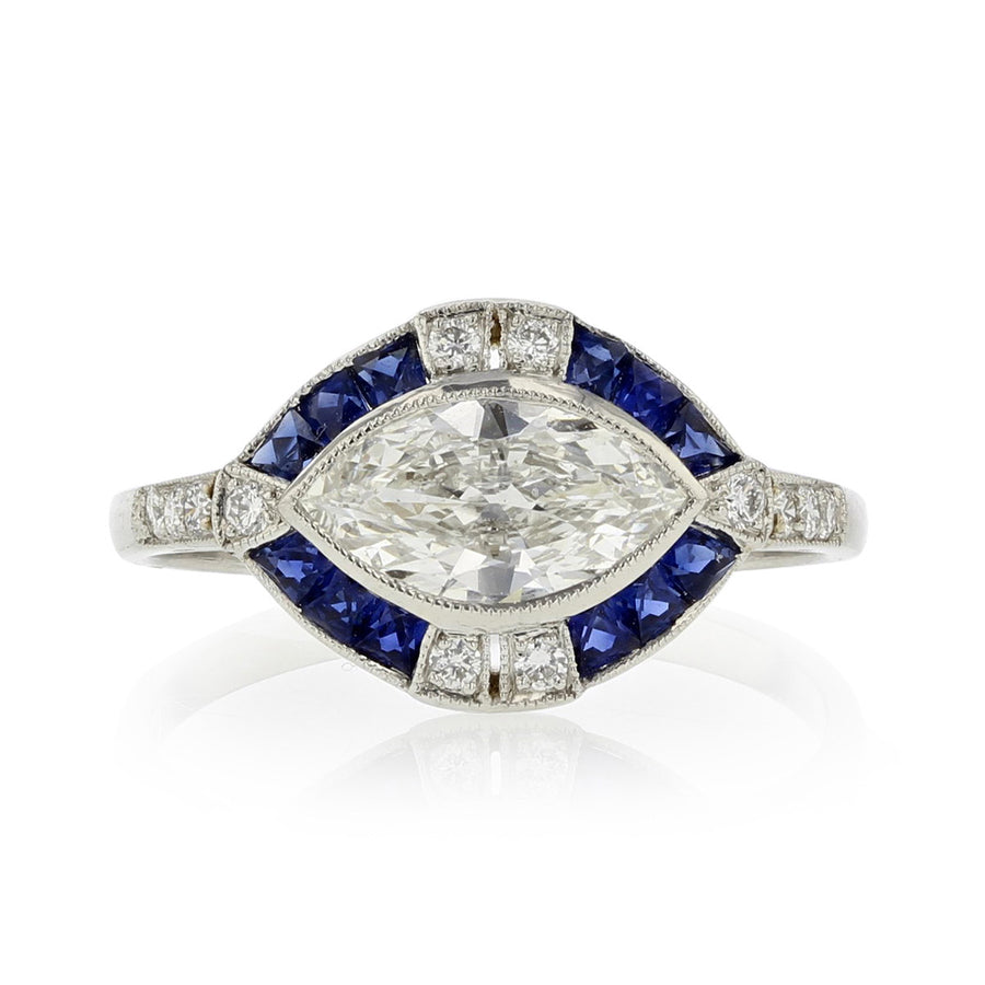 Platinum Marquise Diamond and Sapphire Ring
