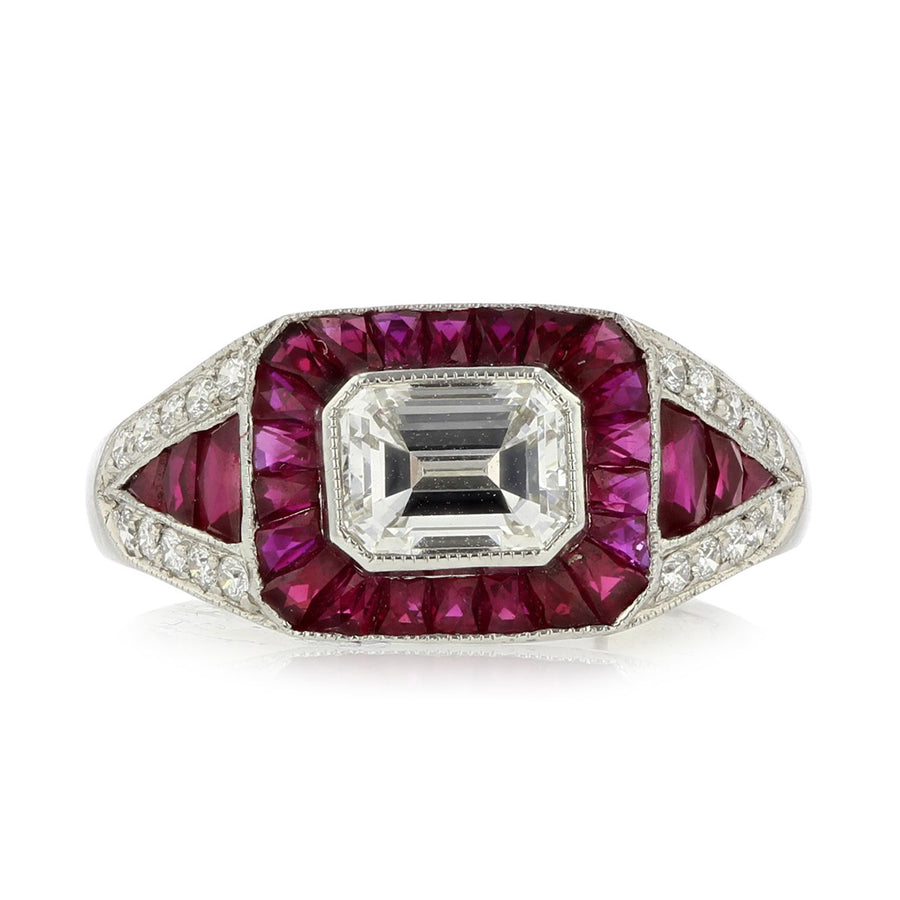Emerald-Cut Diamond and Ruby Platinum Ring